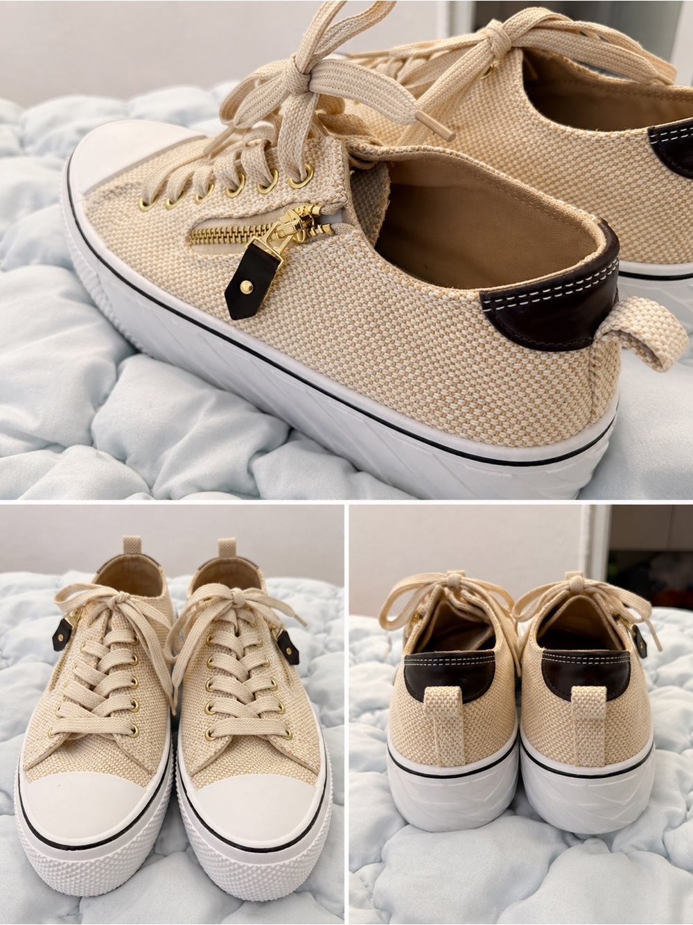 Low-Top Sneakers in Beige with Zip Accent